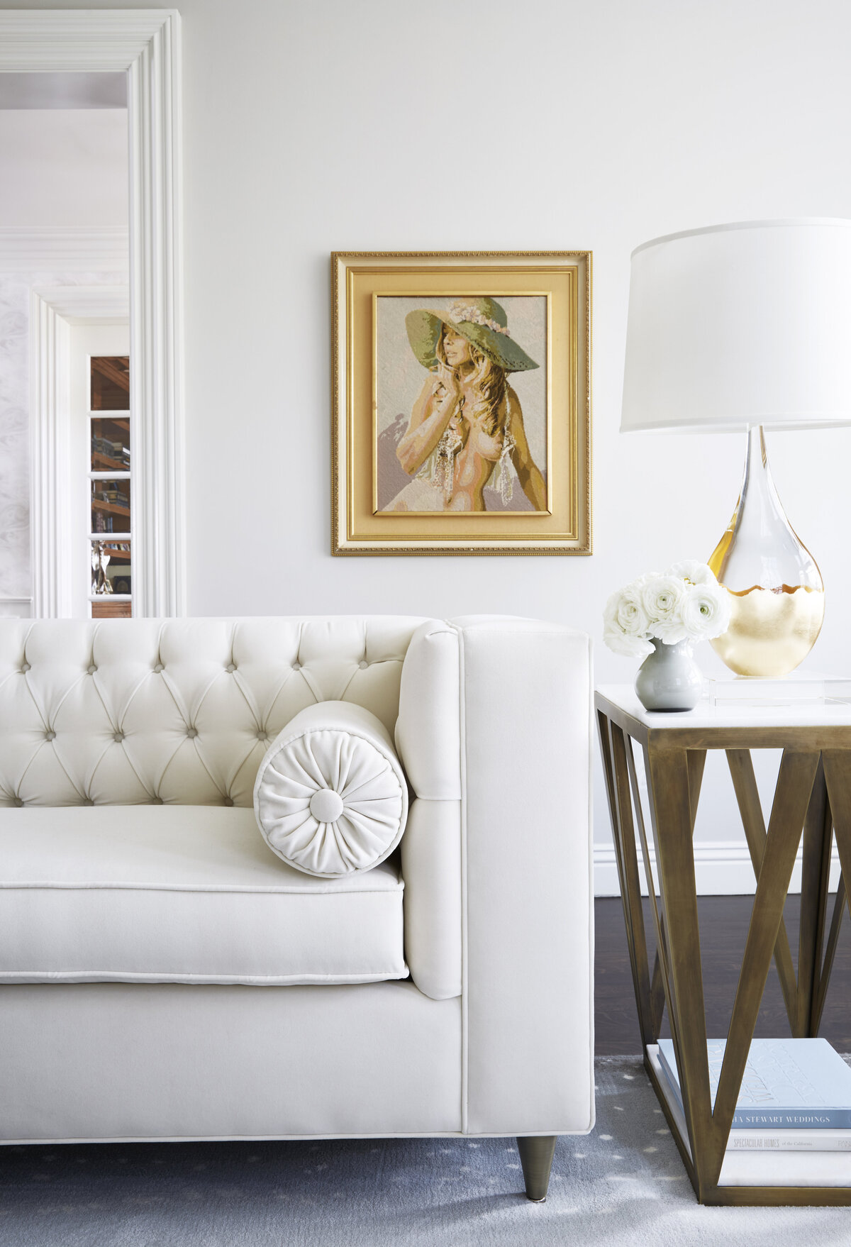 Modern White Formal Sitting Room With Wooden Side Table