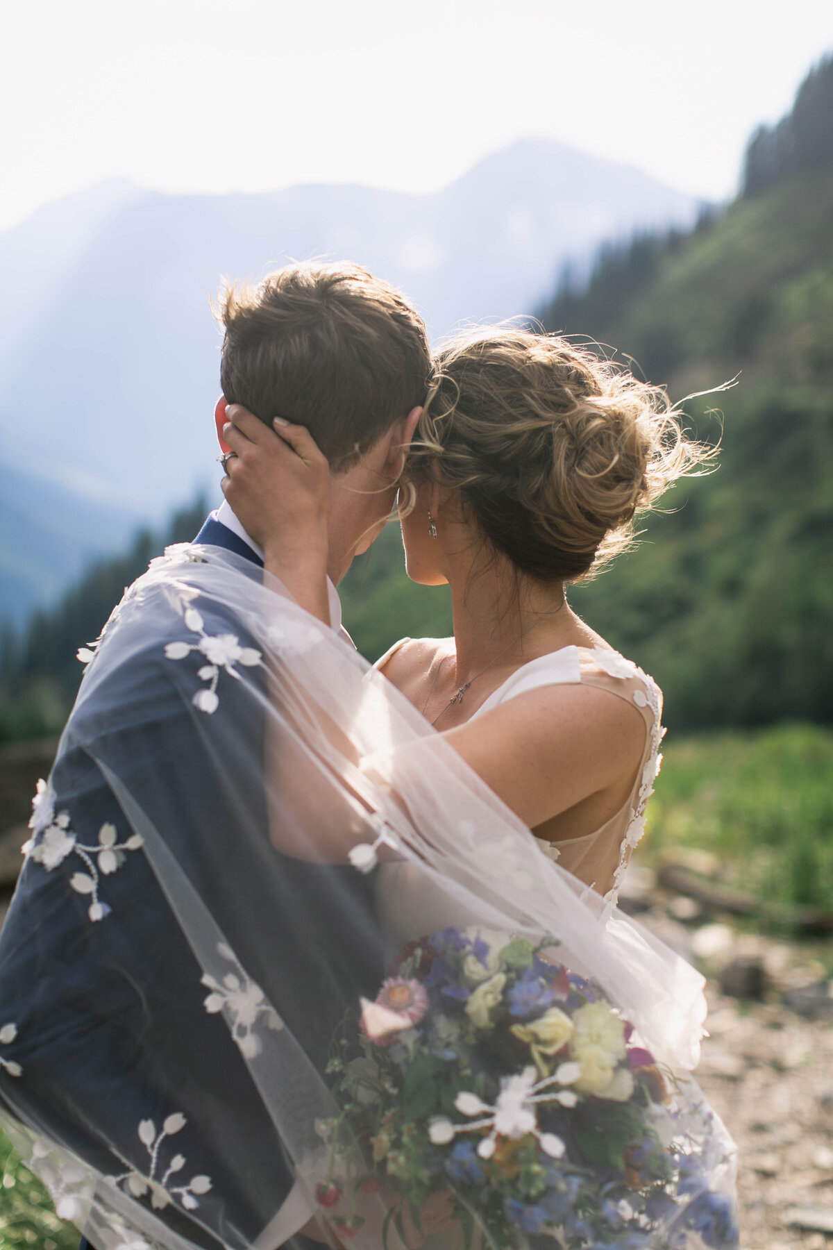bride and groom facing out
