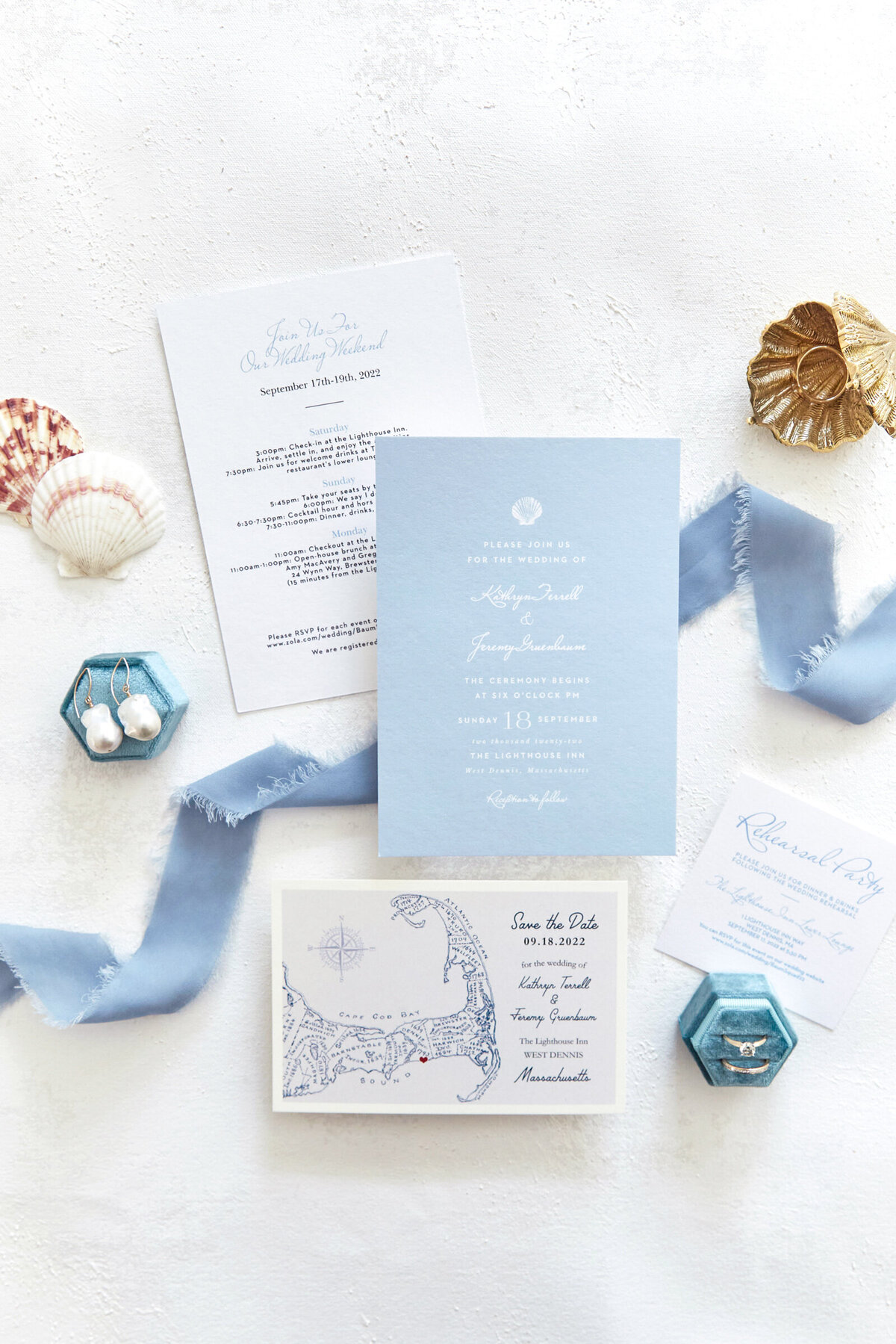Blue and white costal  wedding invitations