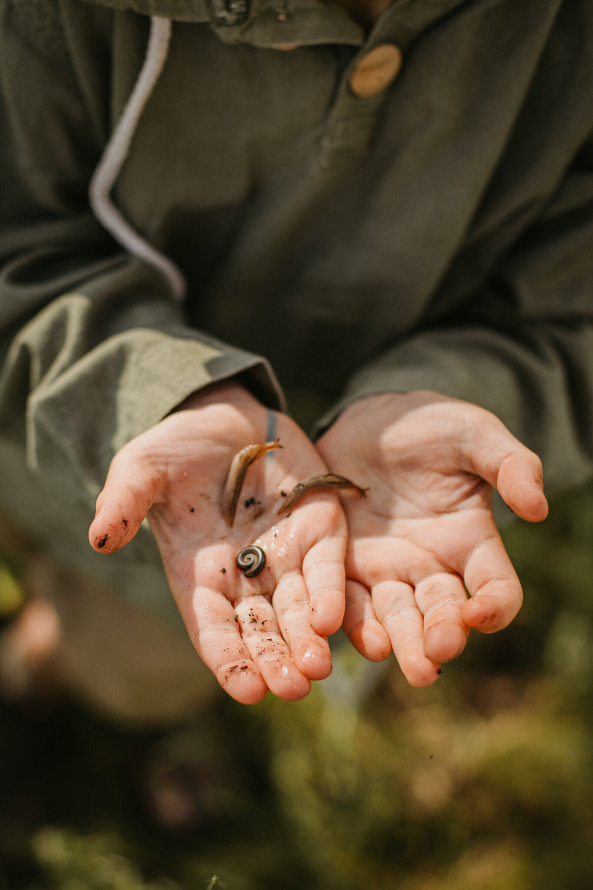 Close-up of dirty-hands of a boy holding worms that he found. 