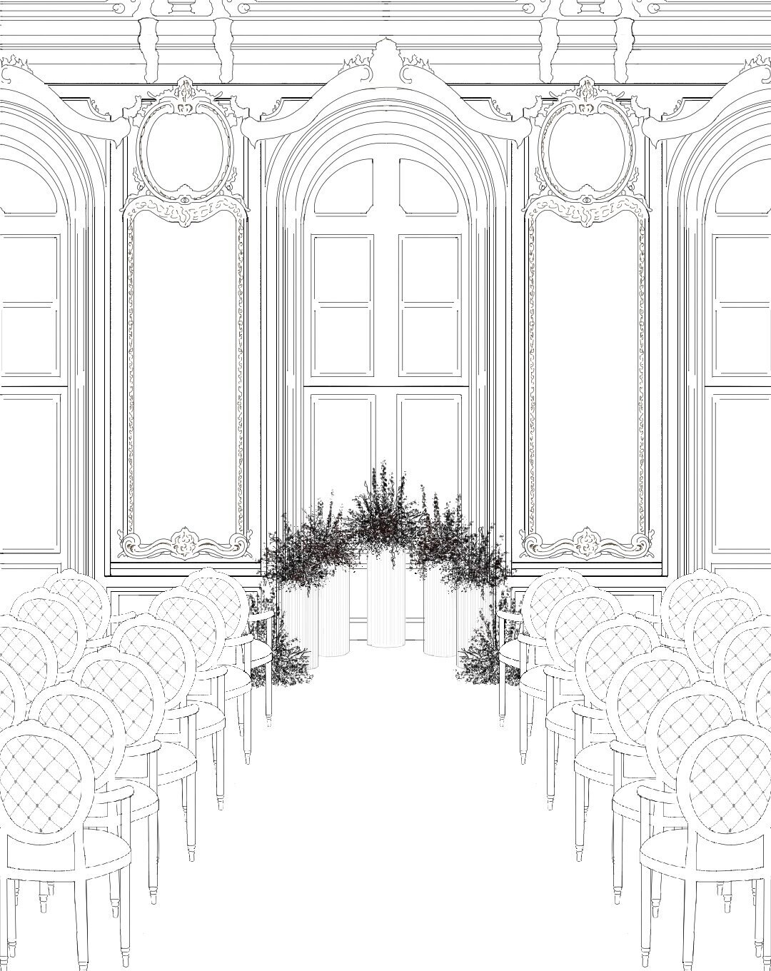 Pencil sketch of a ceremony and heritage room, designed by ÈCLAT Destination wedding for a palace wedding in Vienna