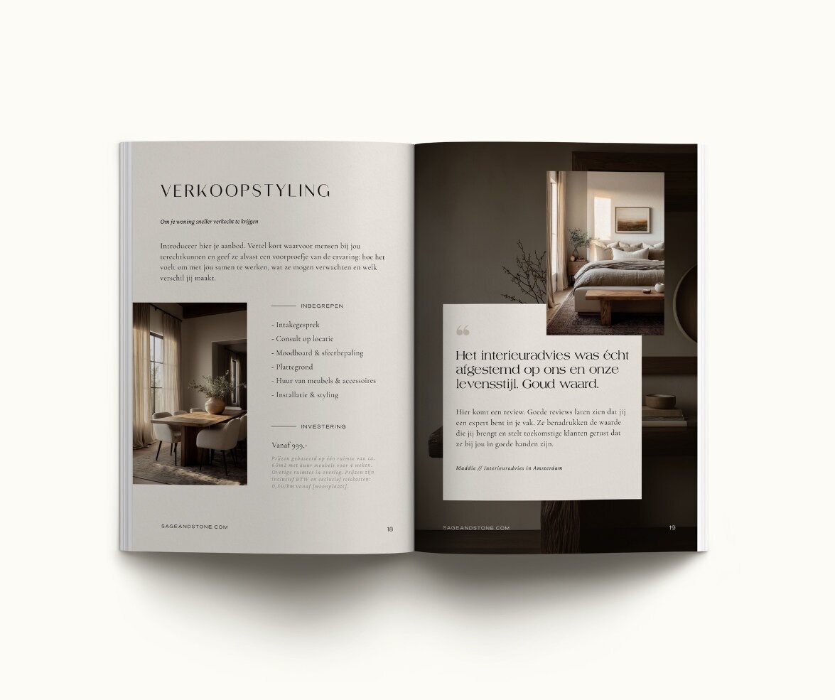 Brochure template voor interieurontwerpers Sage & Stone 1
