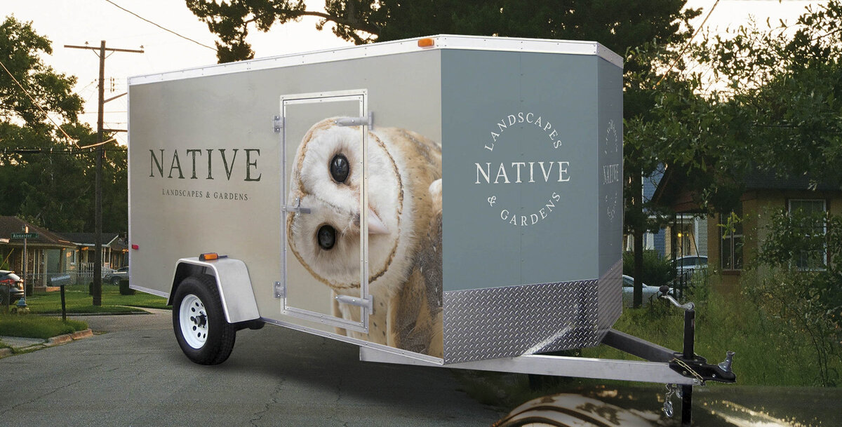 Native landscaping trailer design with owl on it