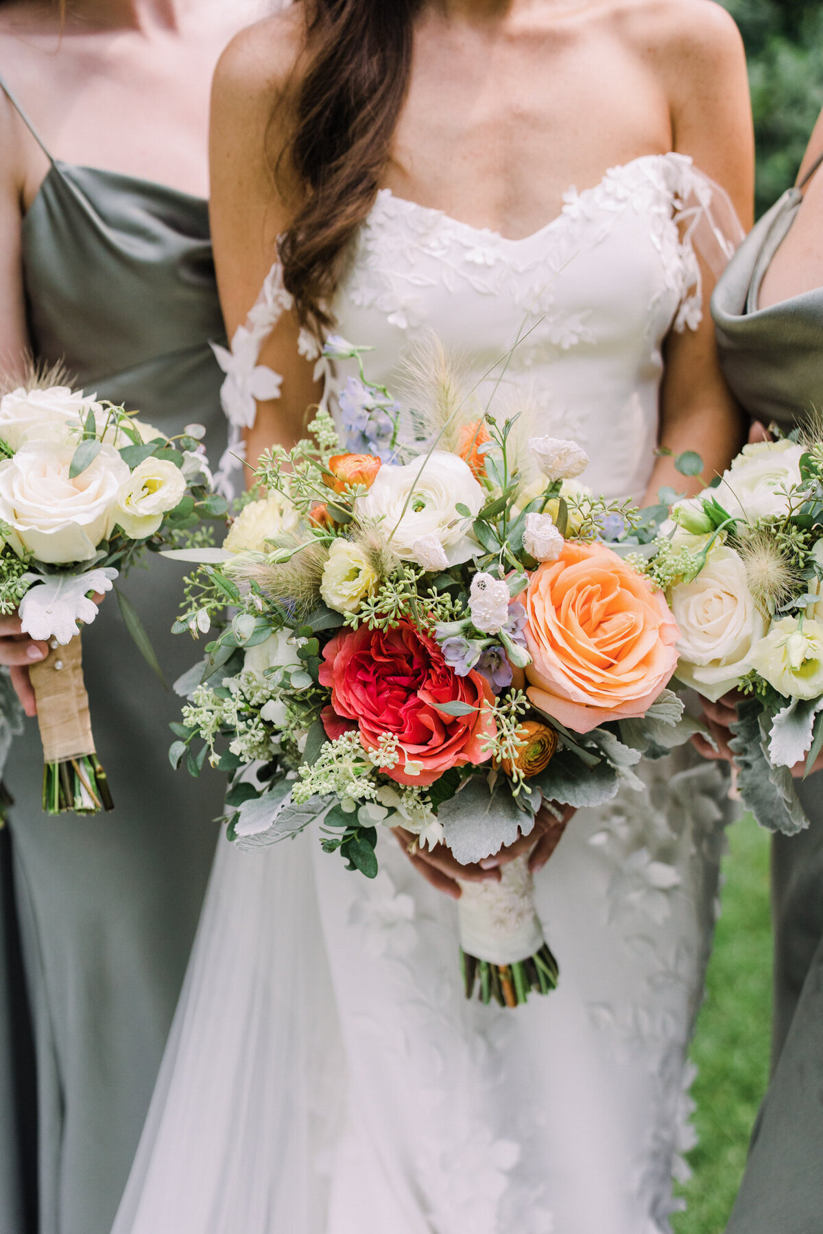 Colorful bridal bouquets on a wedding day