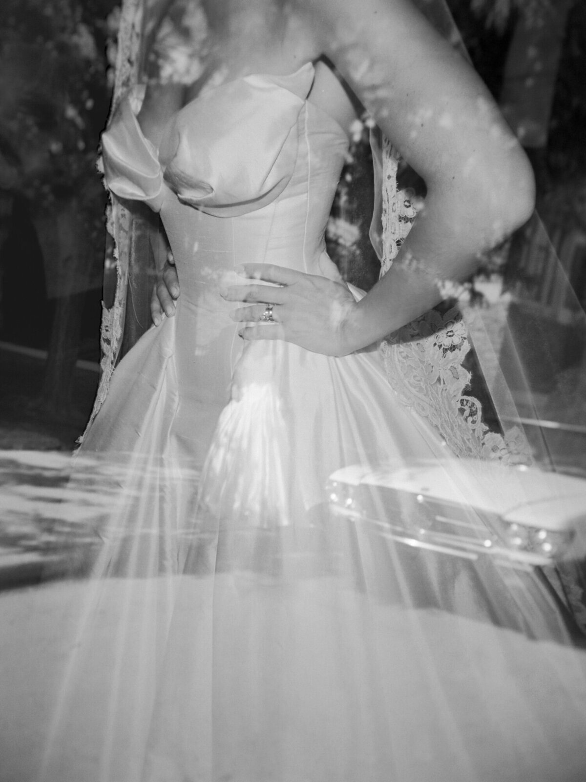 film double exposure of a Leah Dagloria wedding dress bodice detail 