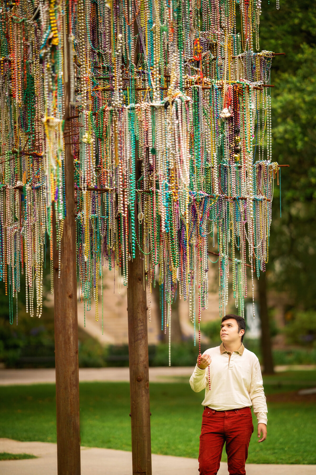 Hispanic male standing under a bead tree on the campus of Tulane University.  He is wearing red pants and a cream colored shirt.  He has short brown hair.  He is holding one of the beads and looking up at the tree.