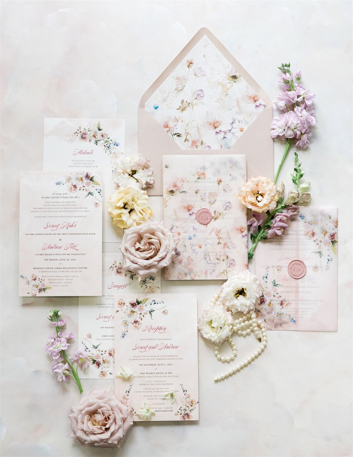 Blush pink delicate florals fusion wedding invitation suite G Designers 1
