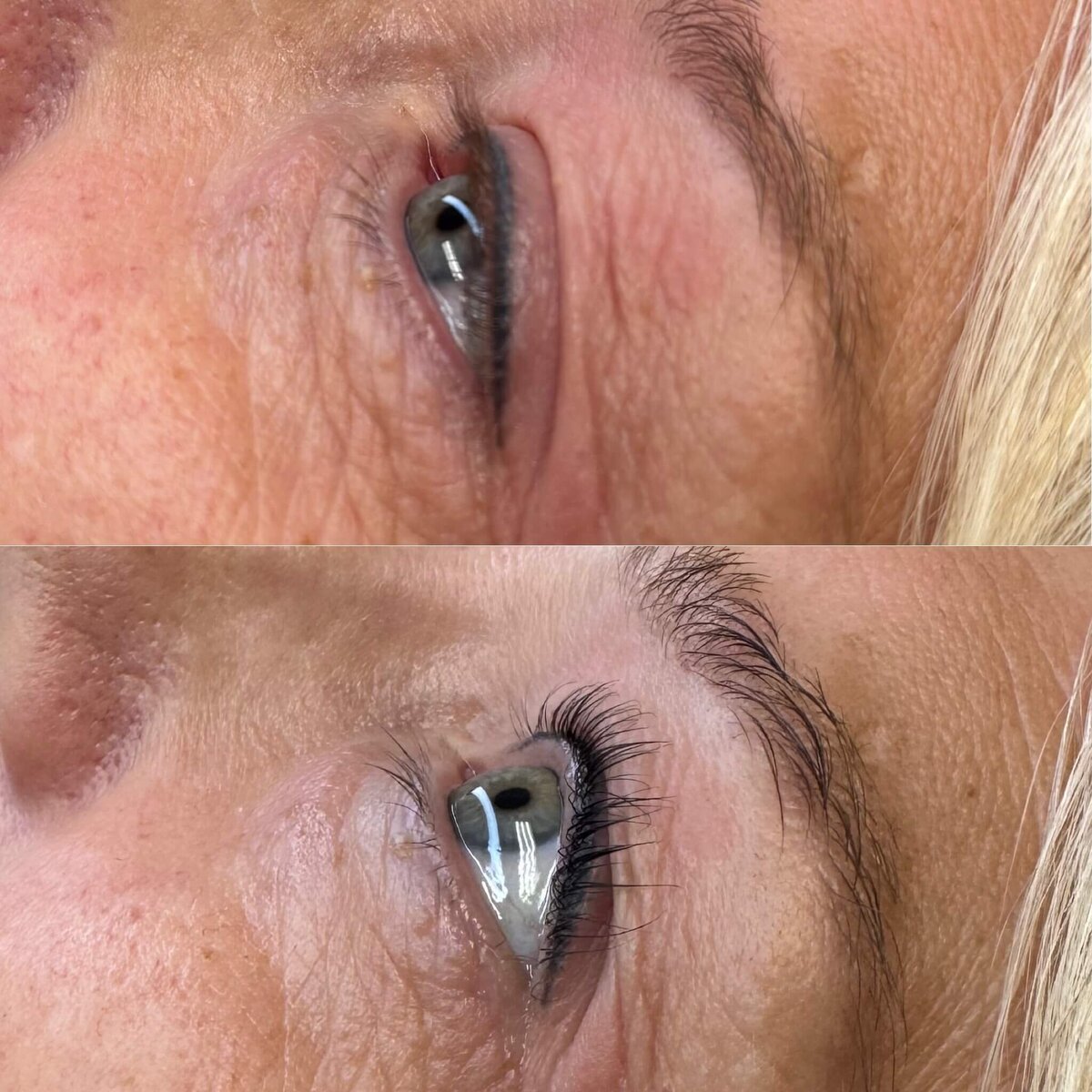 image showing a woman's eyelashes after a lift and tin and her eyebrows after being laminated.