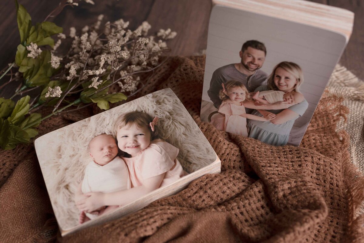 Two Wood Block Pictures of Newborn Family