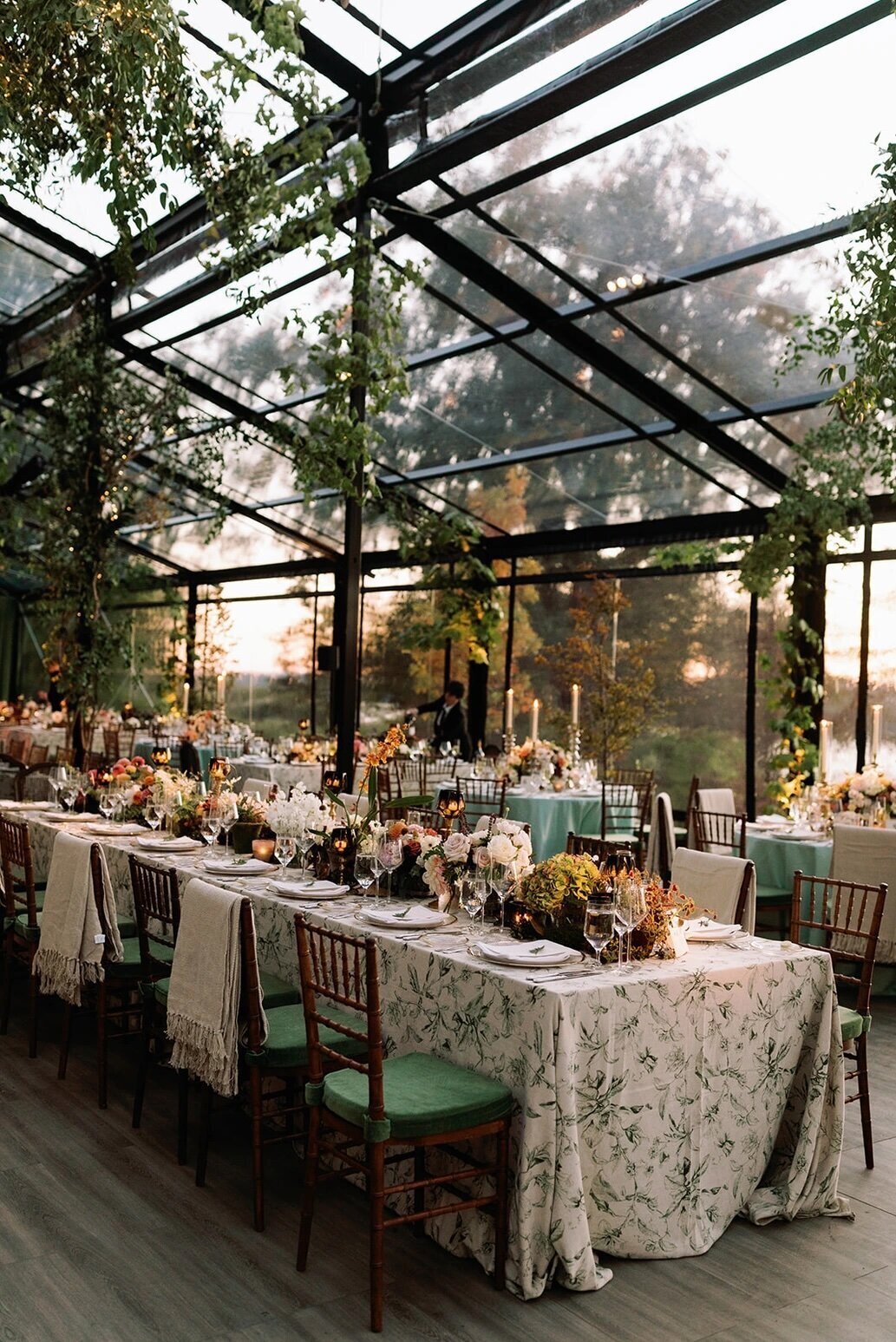 Editorial wedding tablescape with patterned linens and garden florals, styled as inspiration for Sycamore Bend Estate