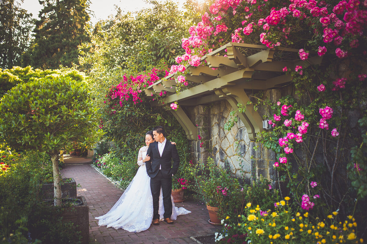 Beautiful Vancouver Island wedding with bright pink flowers.