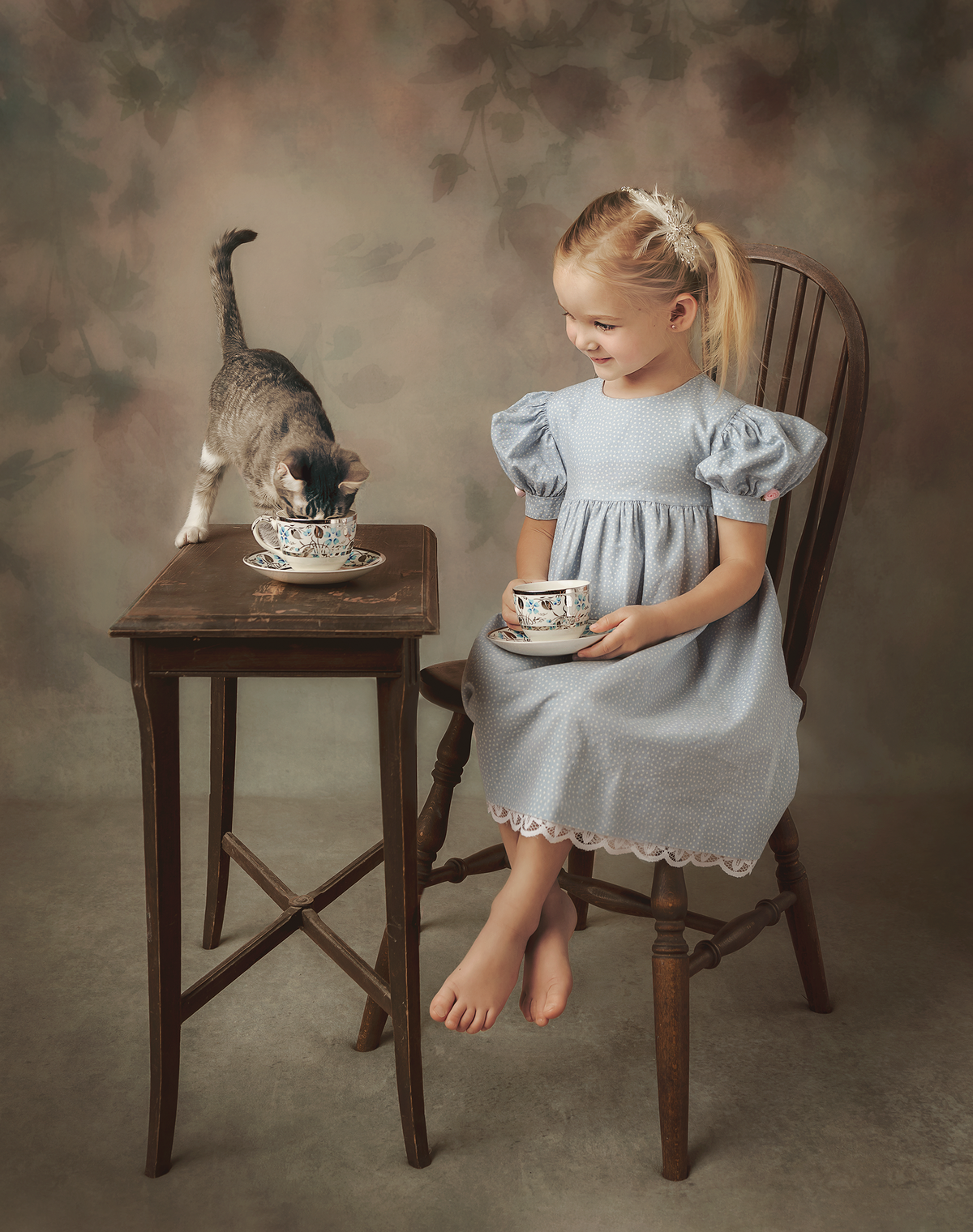 Fine Art Portrait little girl drinking tea with a kitten