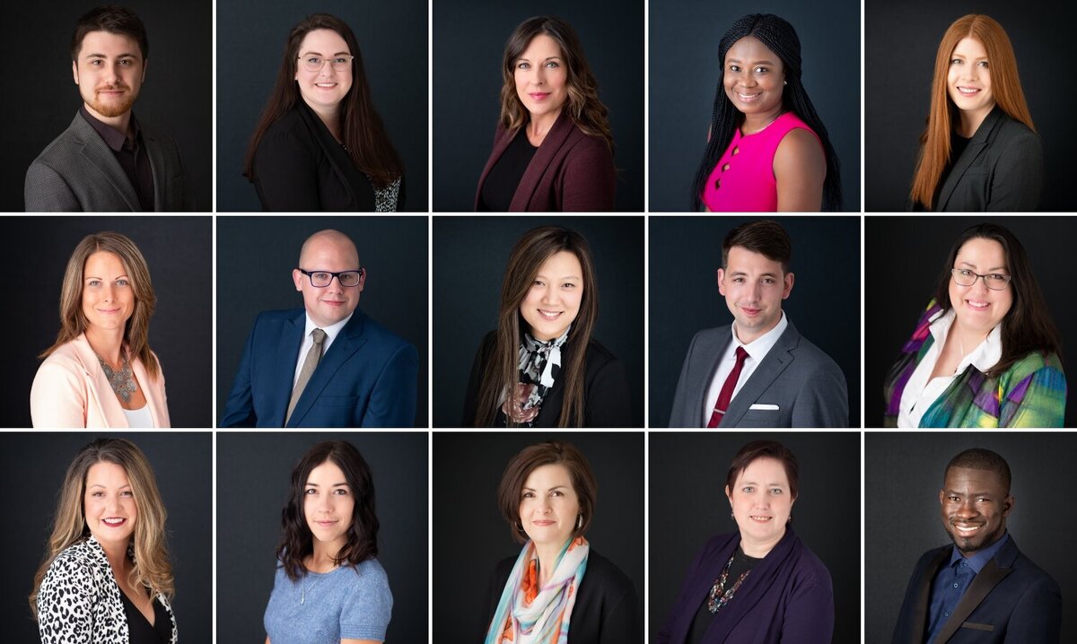 a photo collage of corporate team headshots taken in studio with a black backdrop.  Captured by Ottawa Headshot Photographer JEMMAN Photography Commercial