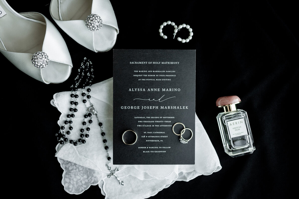 black and white wedding details at preparations