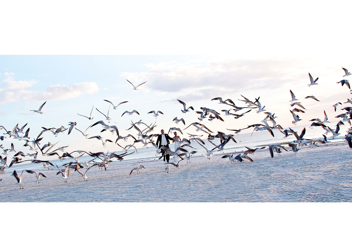 marco beach ocean resort bride and groom running seagulls