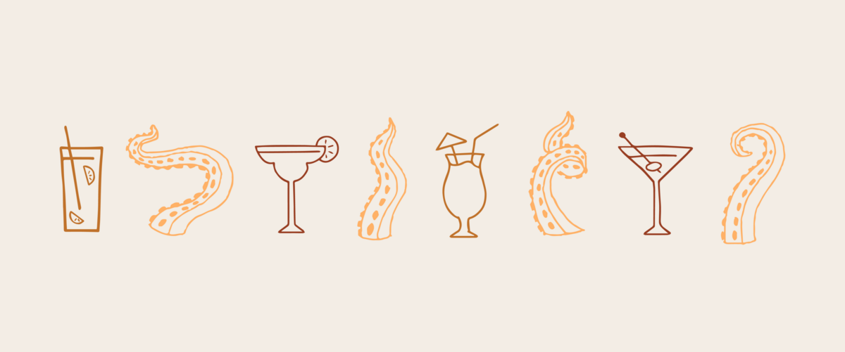 Hand drawn octopus and cocktail illustrations for Mettle and Tonic full brand identity