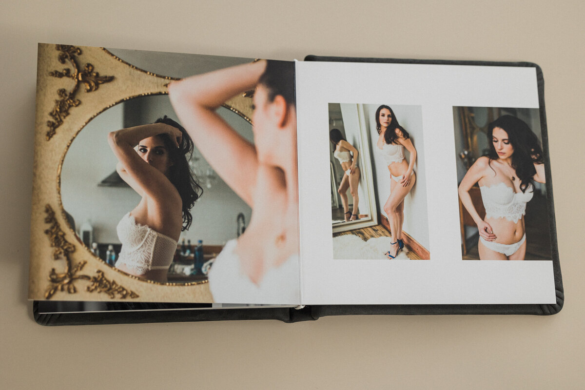 Custom bridal boudoir photo album created as a romantic wedding day gift for the groom