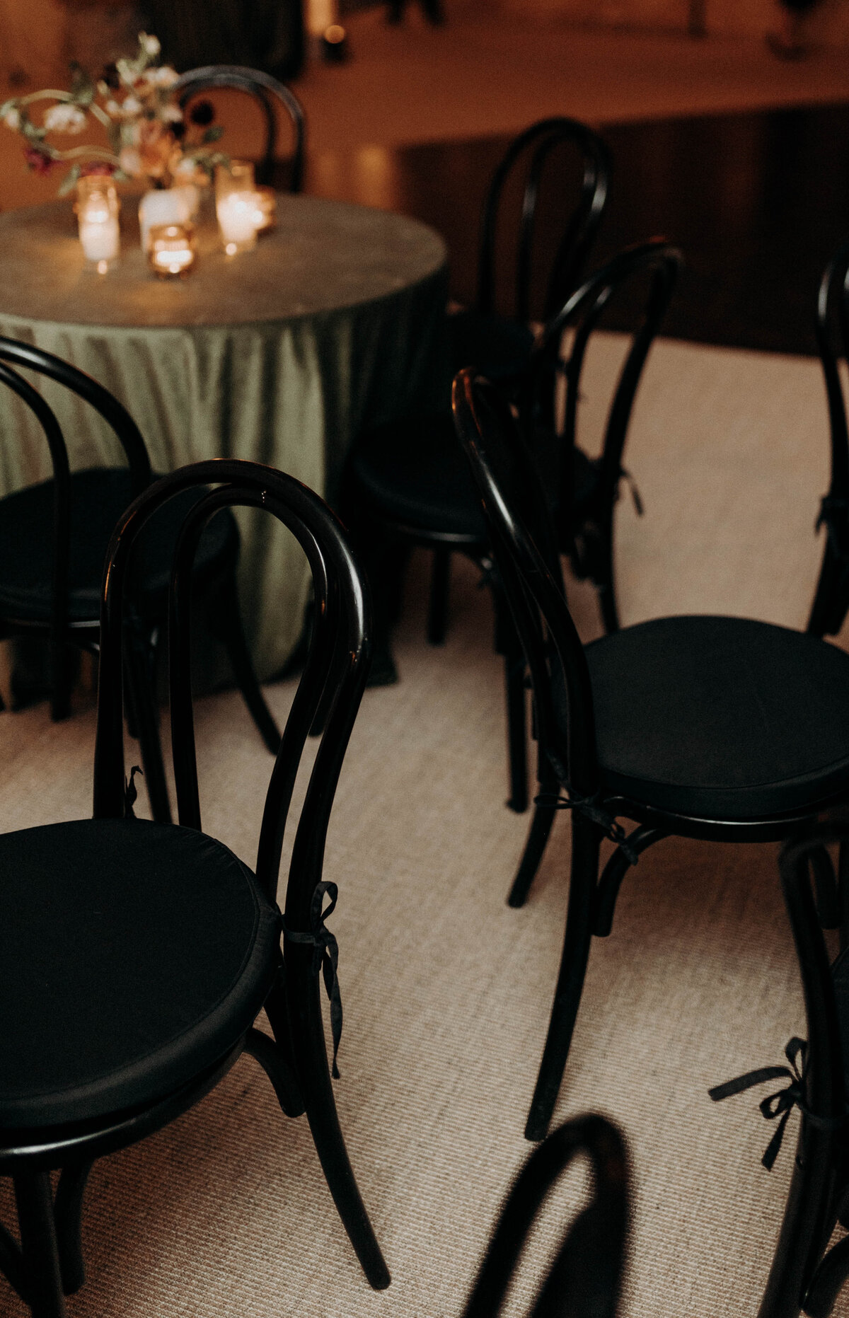 reception tables green velvet tablecloths black chairs stefanie cove and company wedding planner