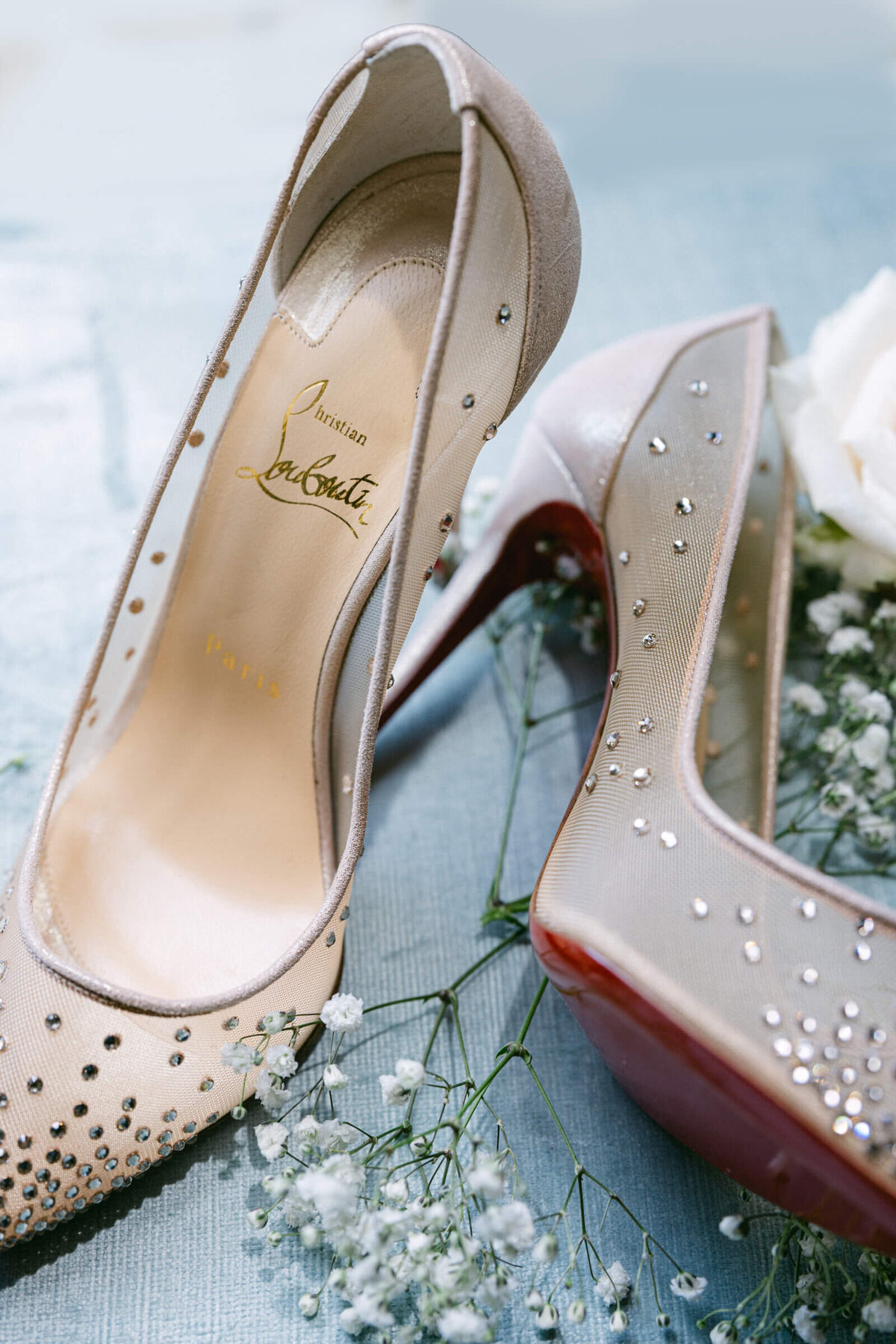 A wedding day photo of the brides shoes at  Luttrellstown Castle
