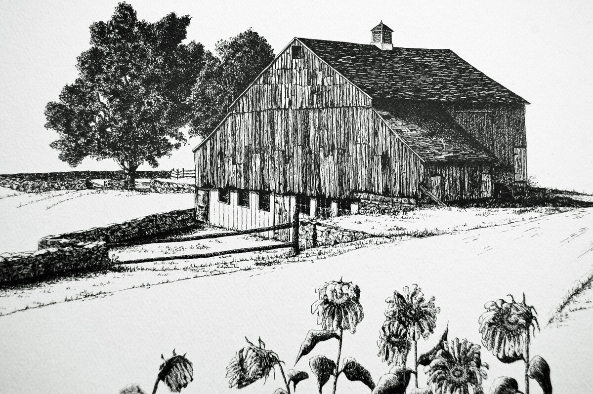 Pen and ink art of a barn with trees and sunflowers