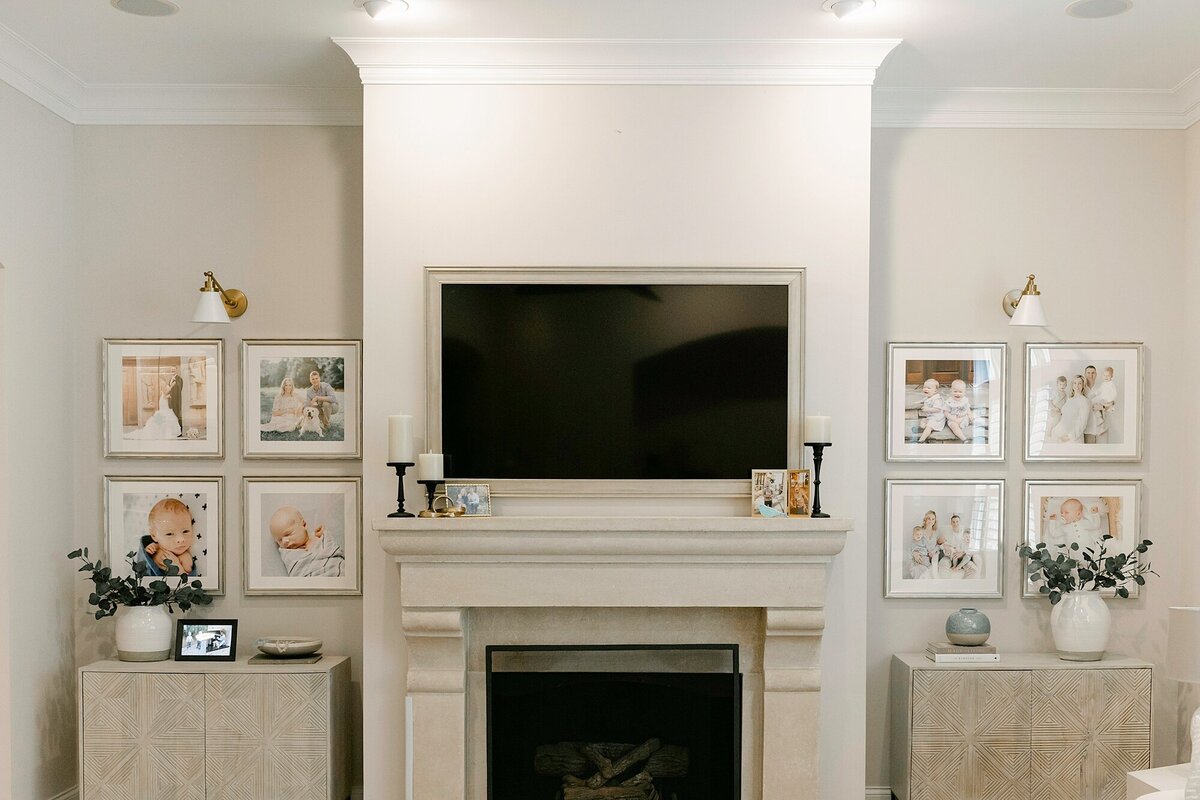 two quad displays of photos in frames