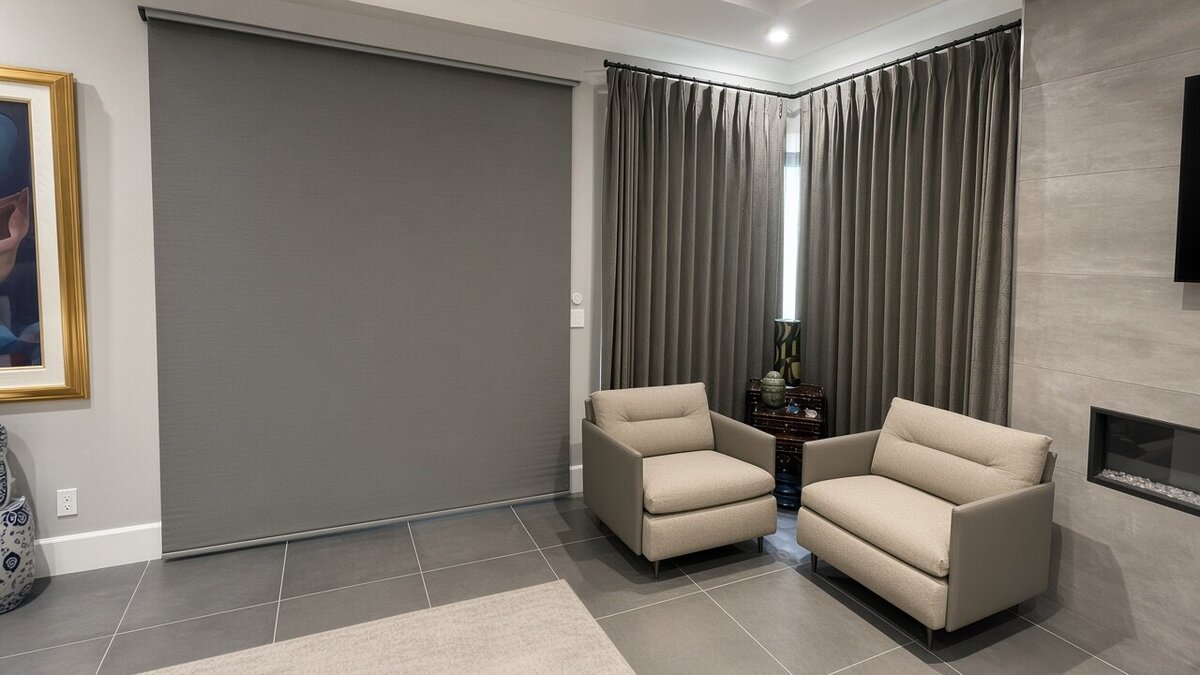 Motorized room-darkening roller shade lowered beside custom drapery in a Red Rock Country Club home in Summerlin