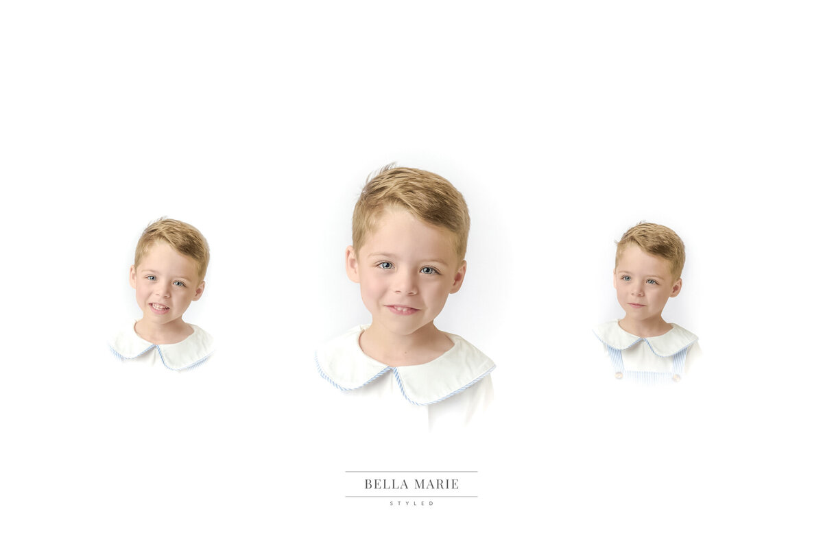 Three picture portrait of little boy for heirloom photos with white and blue large collar and all white background.