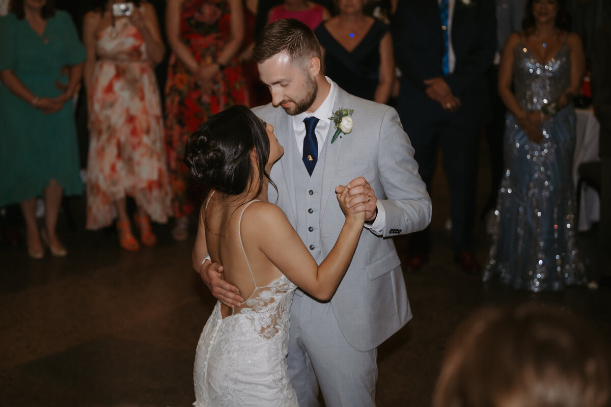 bride and groom dancing at wedding reception