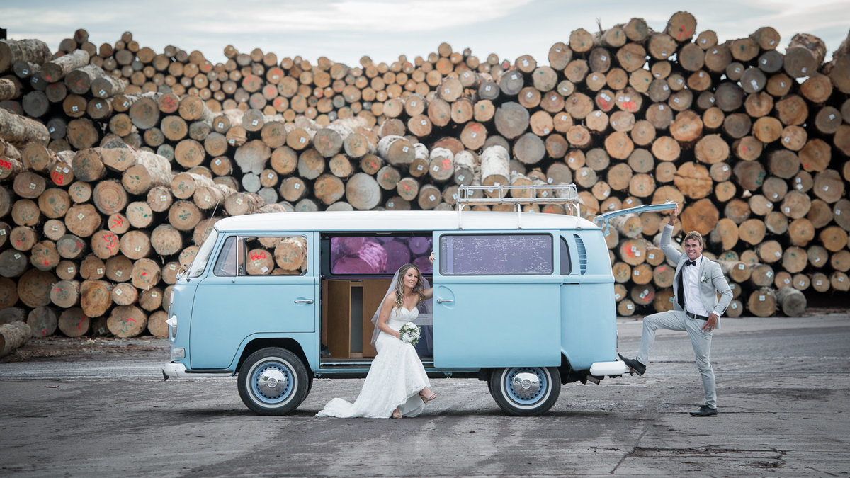 Gisborne Port Wedding Couple in VW CamperVan