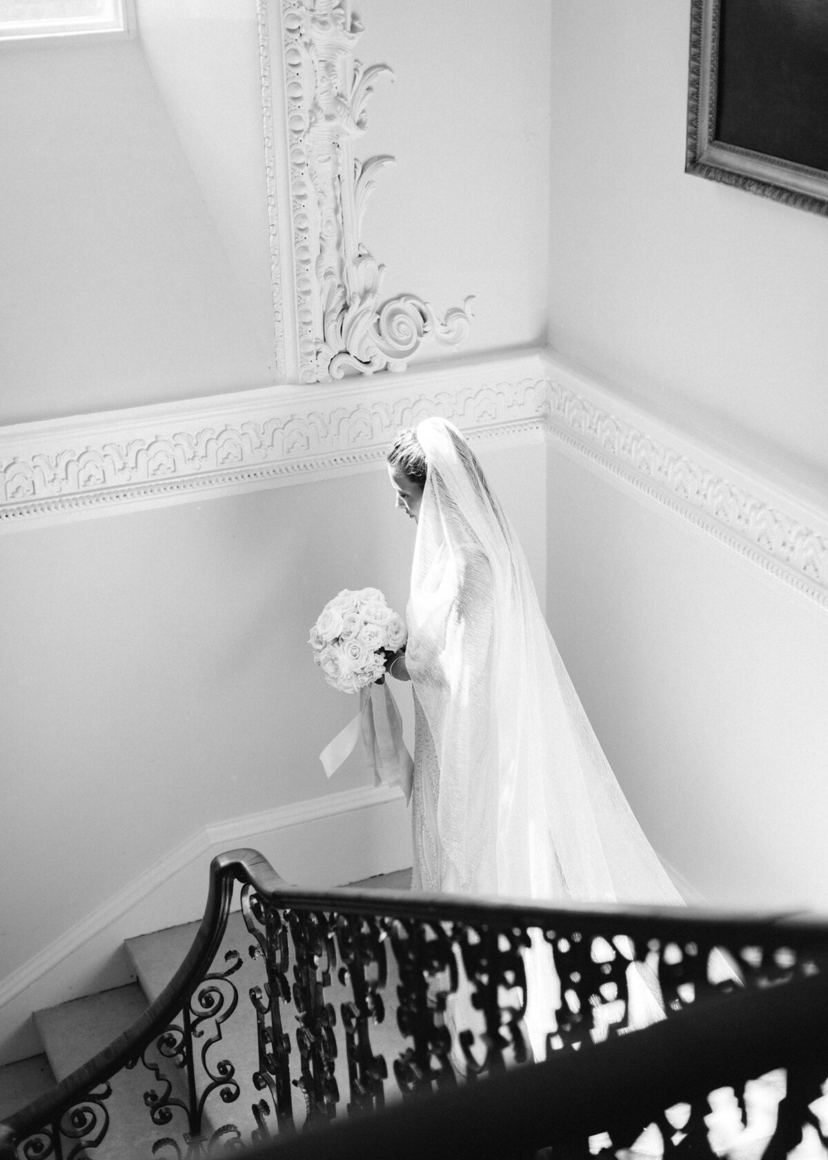 bride on staircase at came house