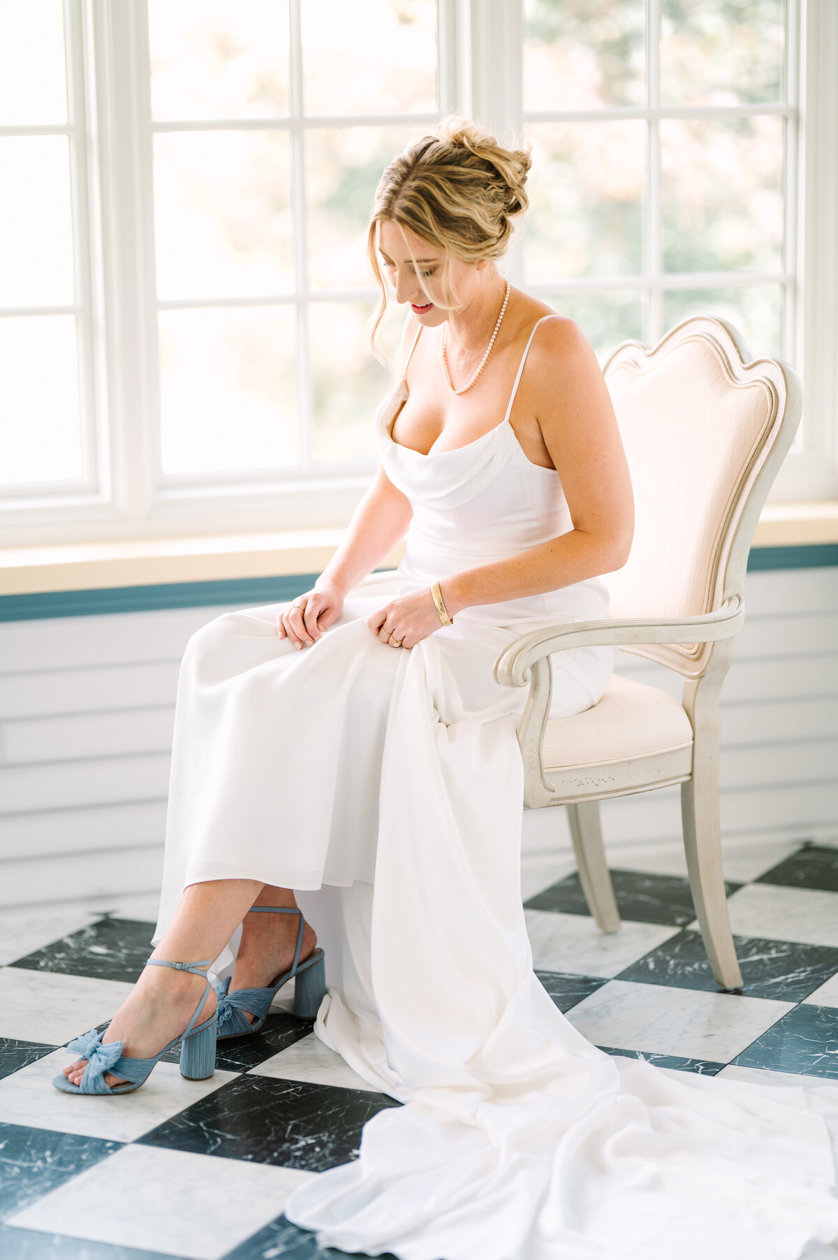 Abeja Winery Wedding Bride getting ready in reading nook