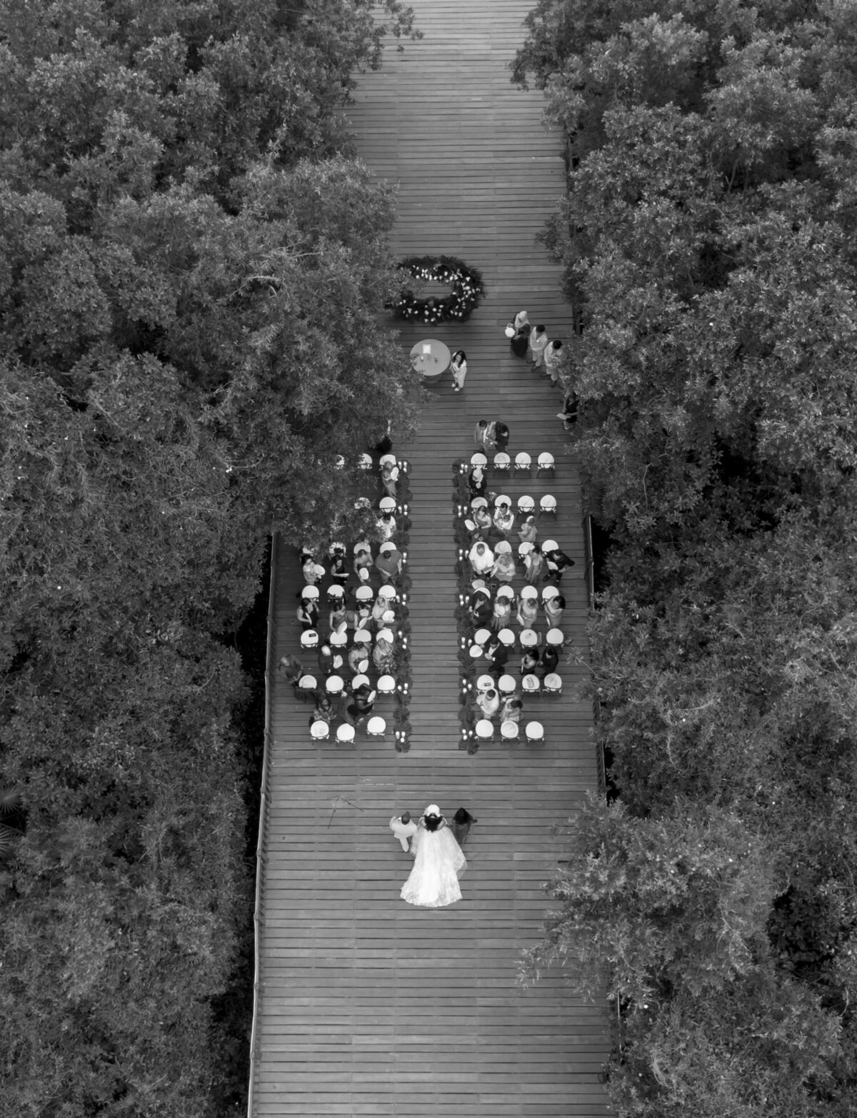 overhead drone photo, bride walking down aisle, Mexico wedding, Playa del Carmen