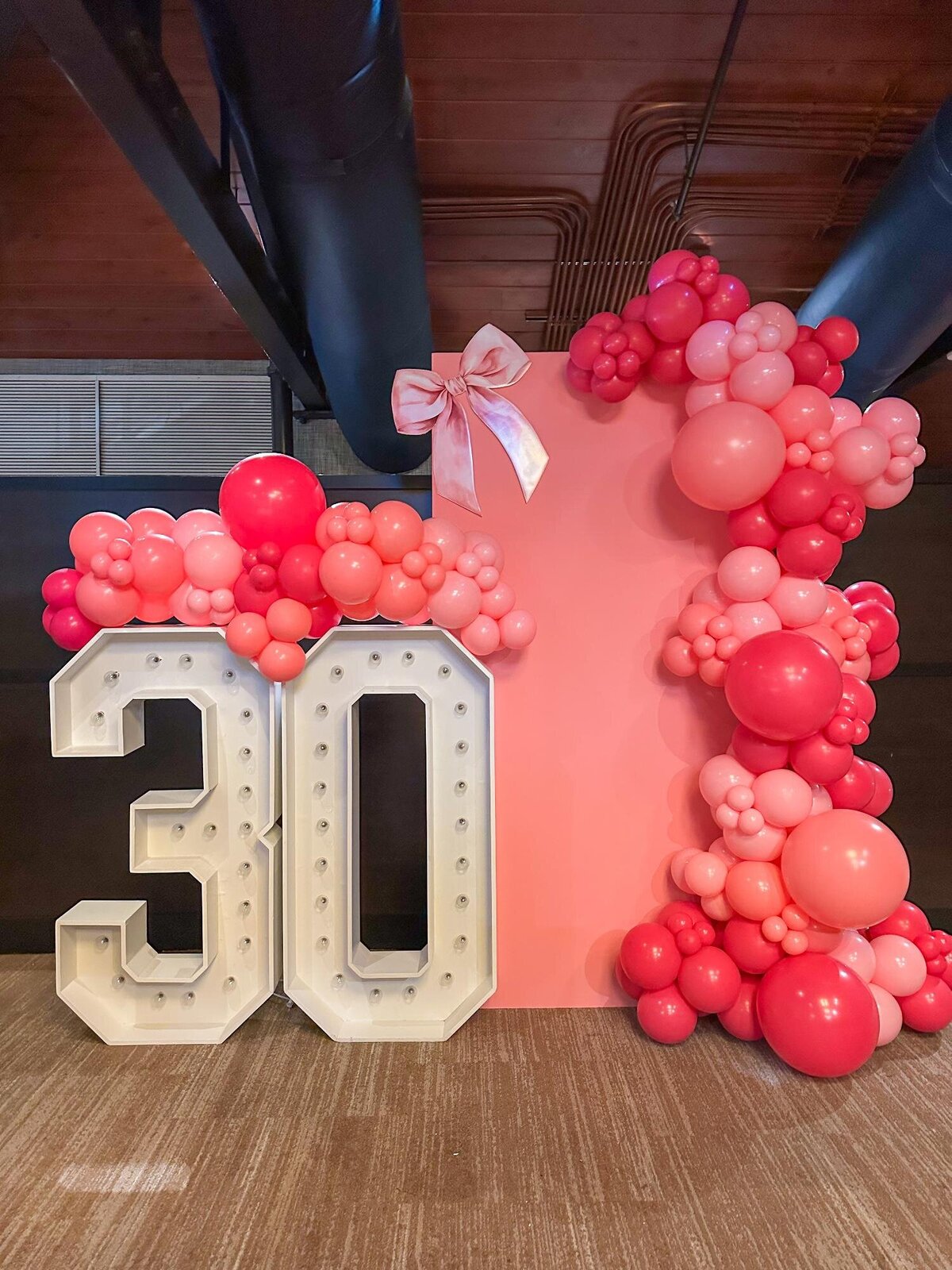 30 marquee numbers and pink balloons