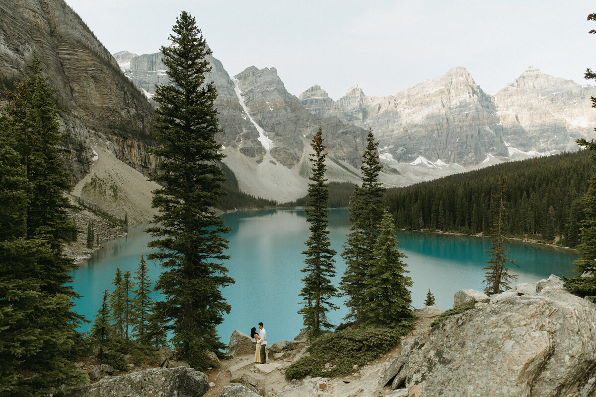 engagement photo of couple in banff national park