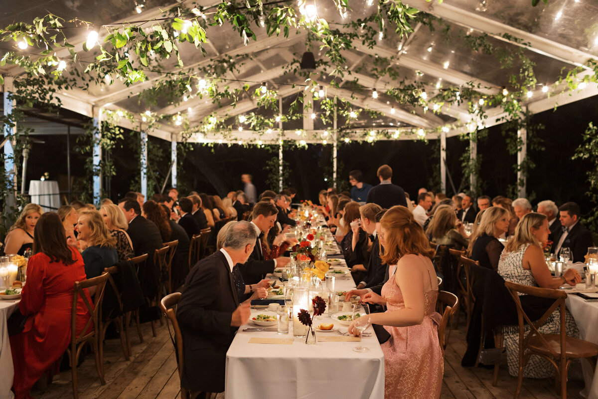 A colorful winter wedding at Mattie's Green Pasture in Austin, with a tented al-fresco reception and modern details.