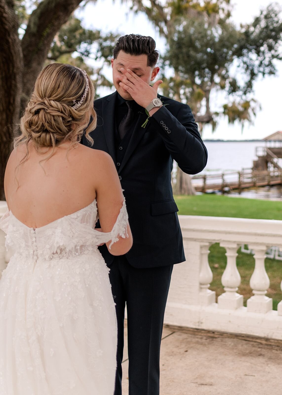 Grooms reaction to bride at first look at Bella Cosa, Lake Wales, Florida