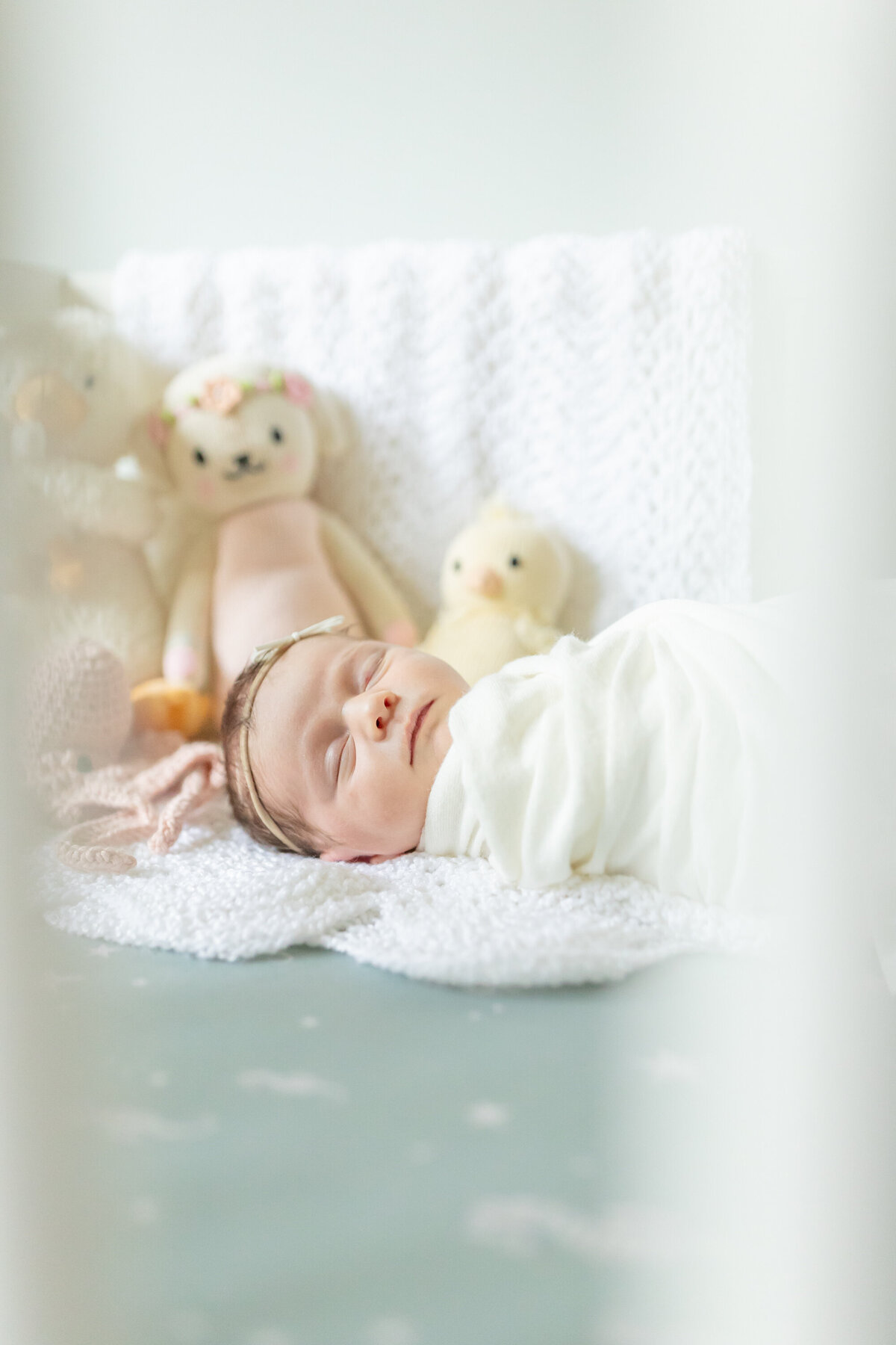Swaddled baby peacefully sleeping in her crib, captured through the slats of the crib. A few stuffed animals are nestled behind her, adding to the serene and cozy atmosphere of the nursery
