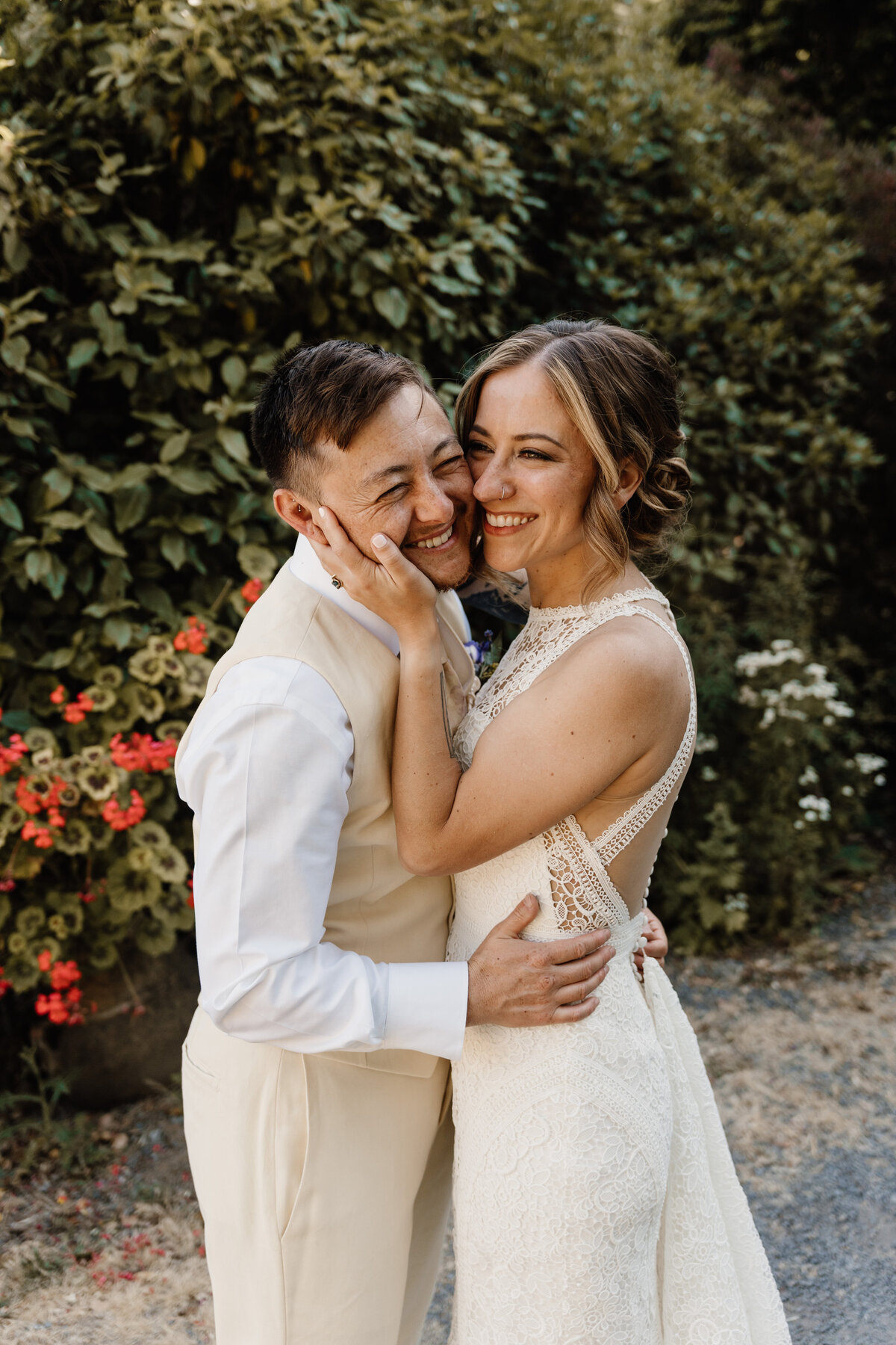 bride and groom wedding portrait in garden