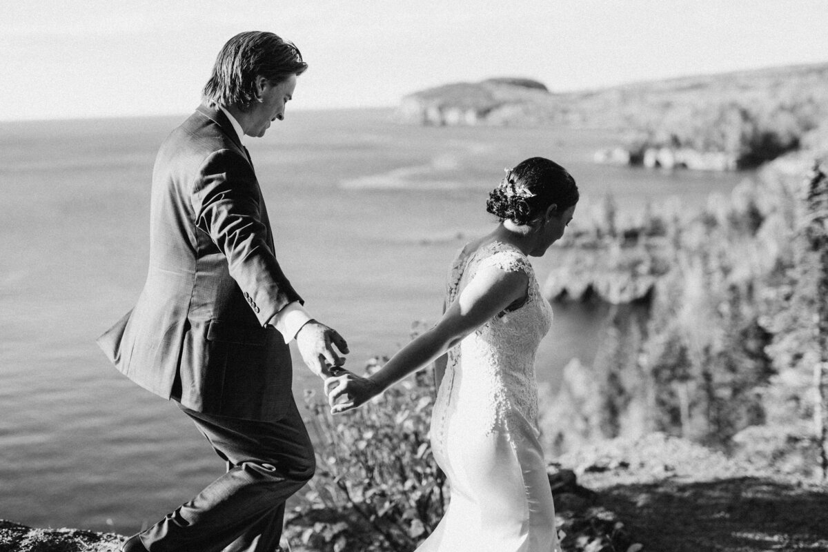 black and white adventurous hiking wedding portrait