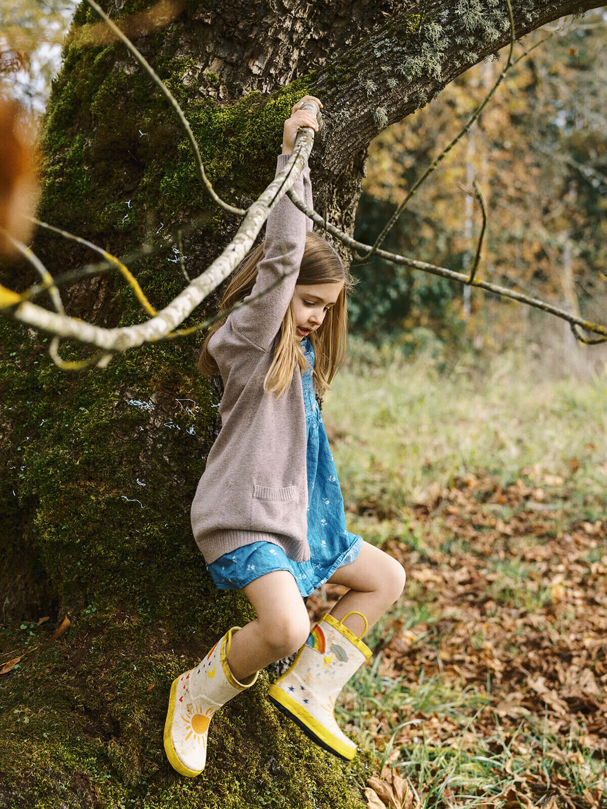 A girl swinging from a tree branch during a family photo shoot.