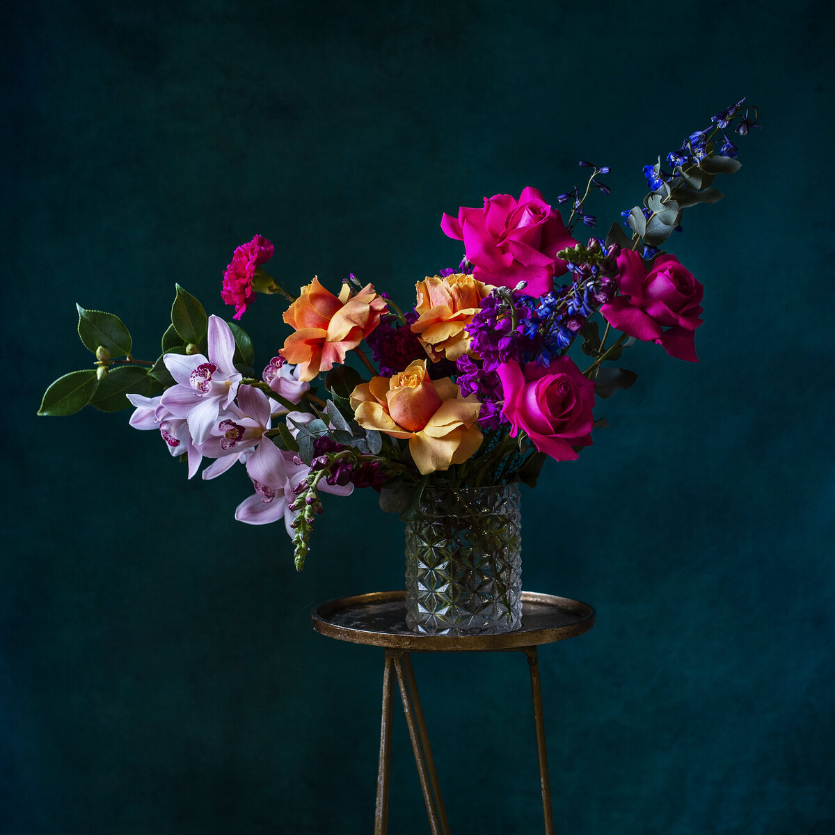 Colourful bouquet of purple, orange, pink, and blue by Foxglove Studio, contemporary Calgary, Alberta wedding florist, featured on the Brontë Bride Vendor Guide.