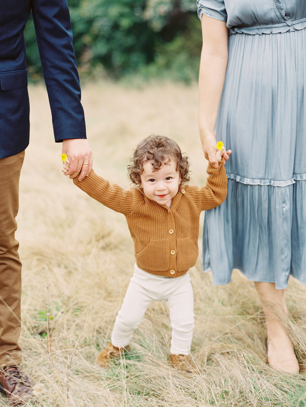 cute toddler boy in fall wardrobe holding mom and dads hands walking on his own 