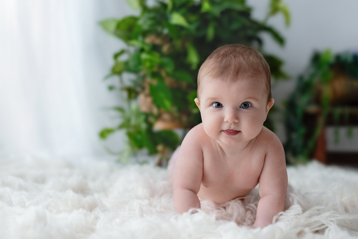 Bright-eyed baby during tummy time on fluffy blanket—styled with natural greenery and sunshine.