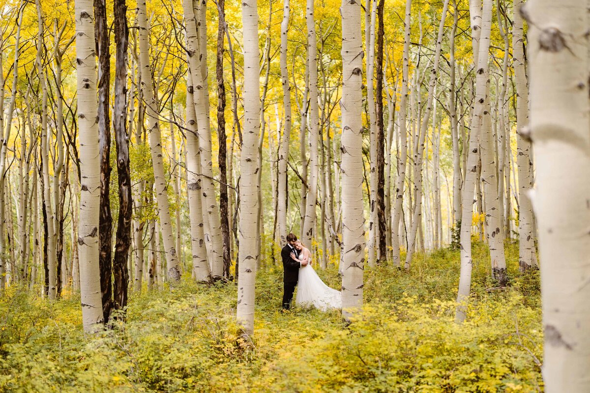 Bride and groom standing in a golden aspen forest during peak fall colors in Telluride, Colorado.