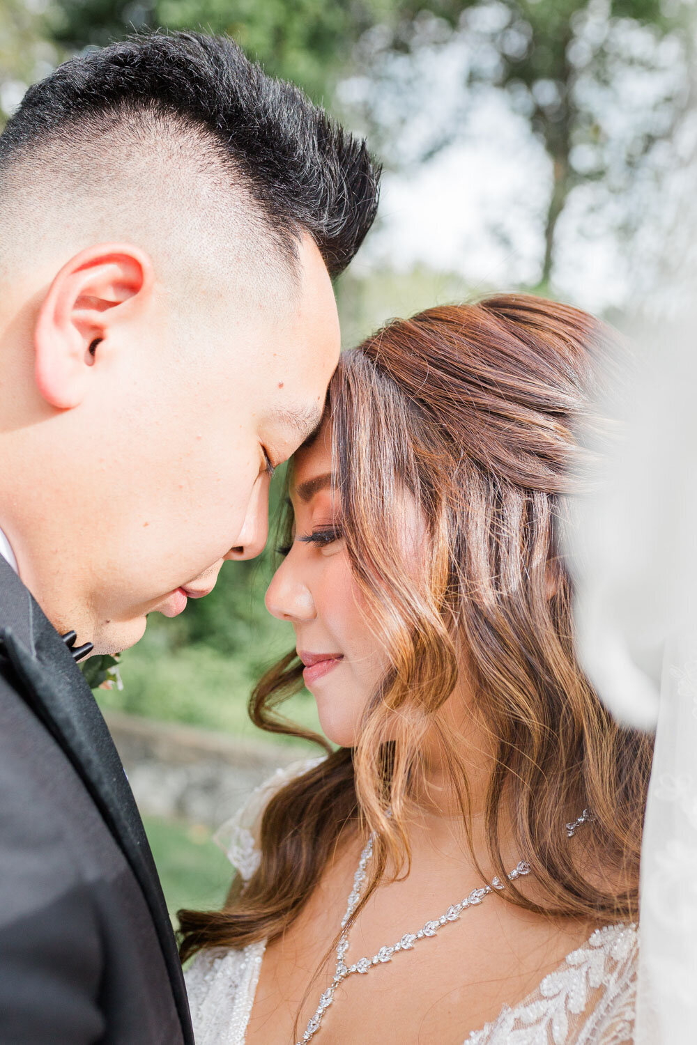 Close photo of bride and groom that is about to kiss