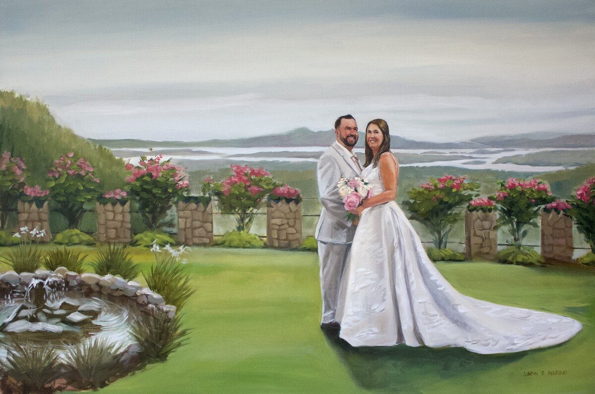 live wedding painting of bride and groom  at outdoor ceremony on back lawn of Castle in the Clouds in Moltonborough NH