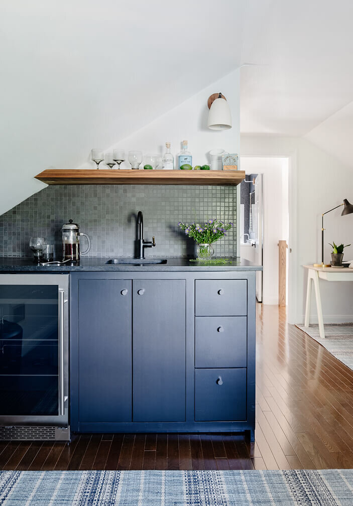 Home office design by South Shore interior design firms, featuring a new kitchen integrated into the home office of a historic Hingham home in Massachusetts.