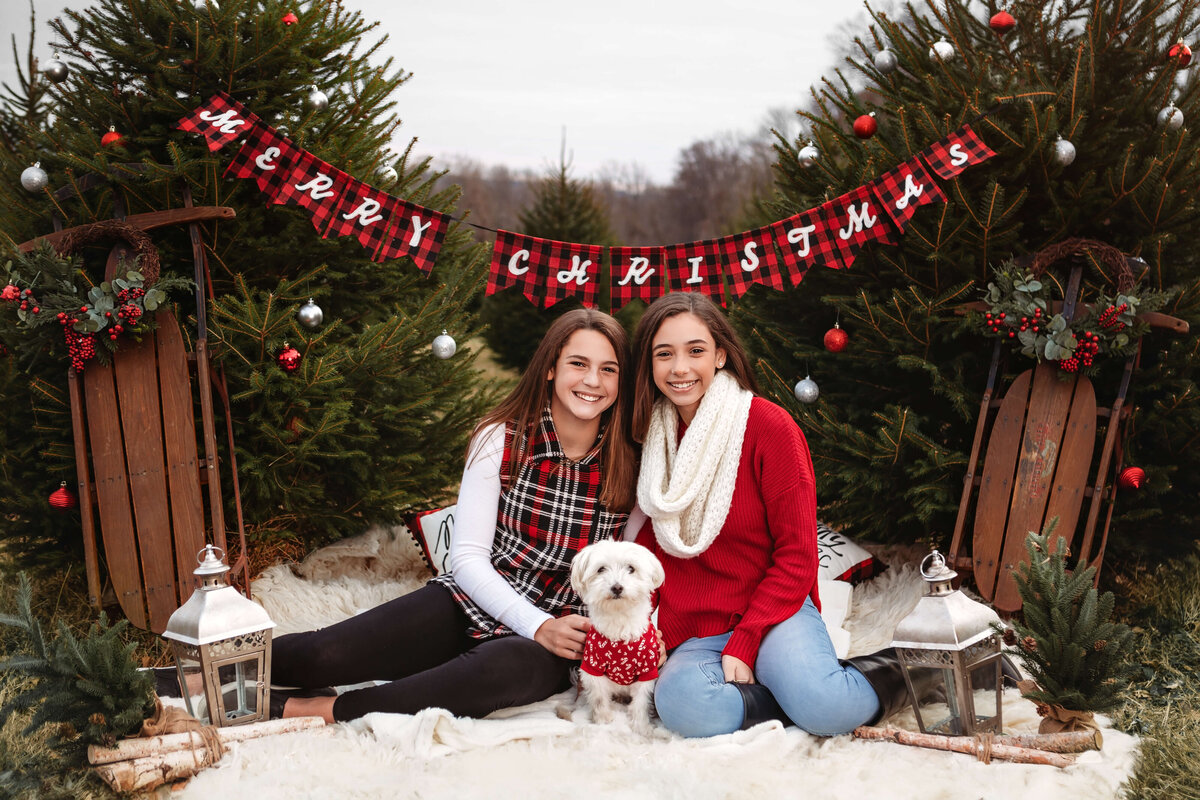 two sisters sitting with their dogs at a holiday set up with  a famiy photographer at a family photography session