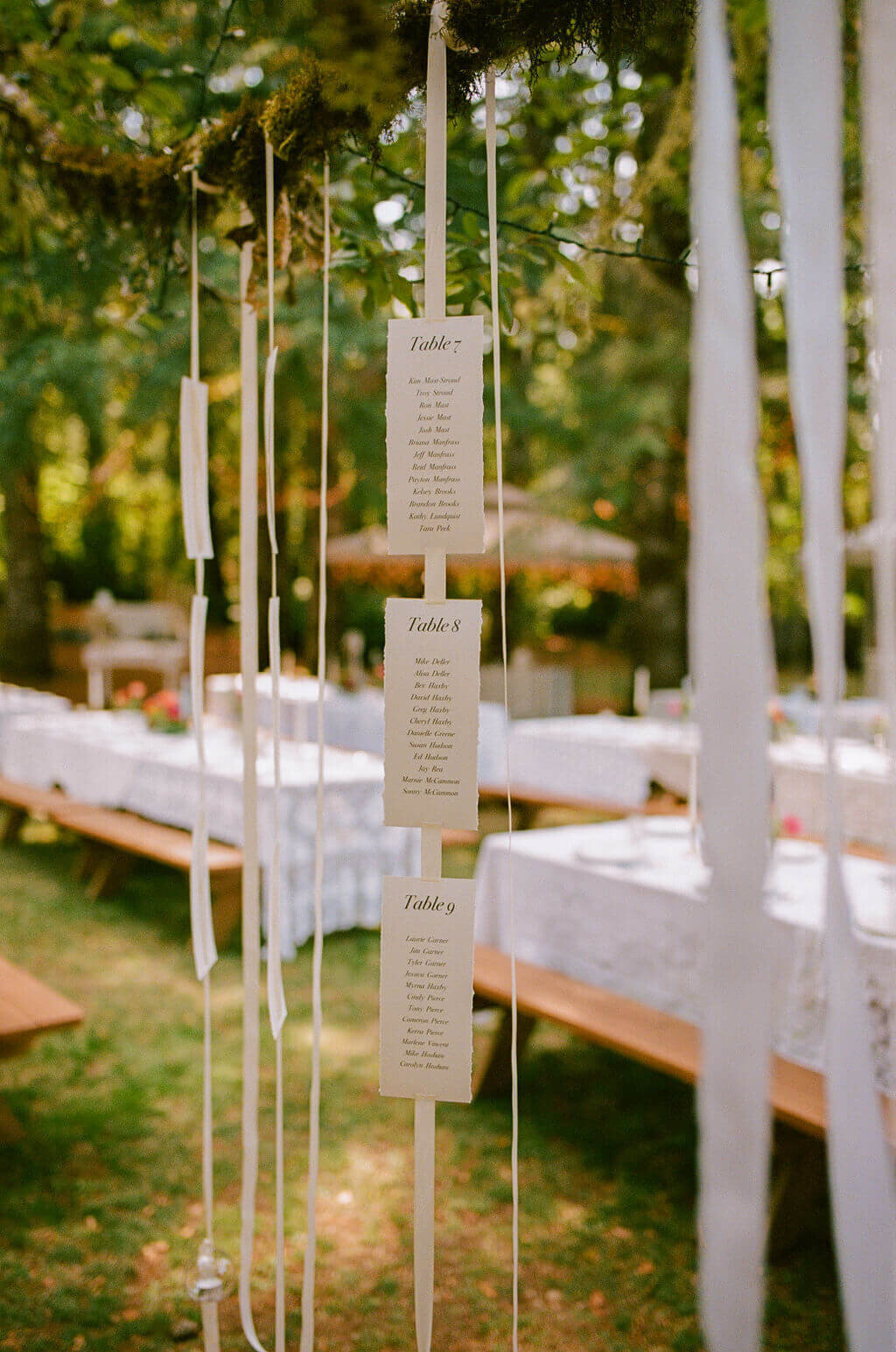 A custom hanging table chart at an outdoor garden wedding.