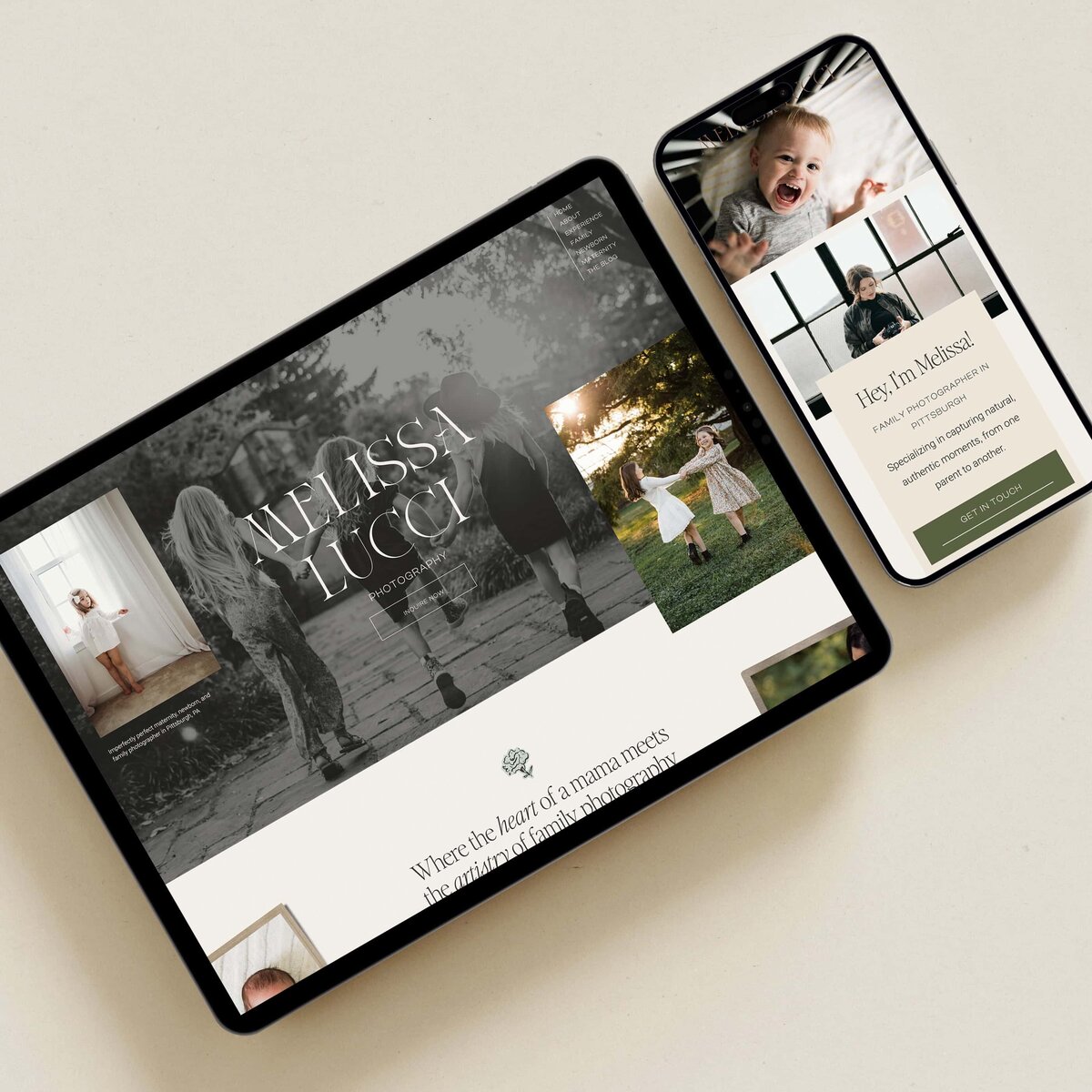 A tablet and smartphone on a table display a website showcasing stunning photography content, with the tablet featuring an outdoor family photo and the smartphone showing a portrait of a laughing child—exemplifying impeccable branding and website design.